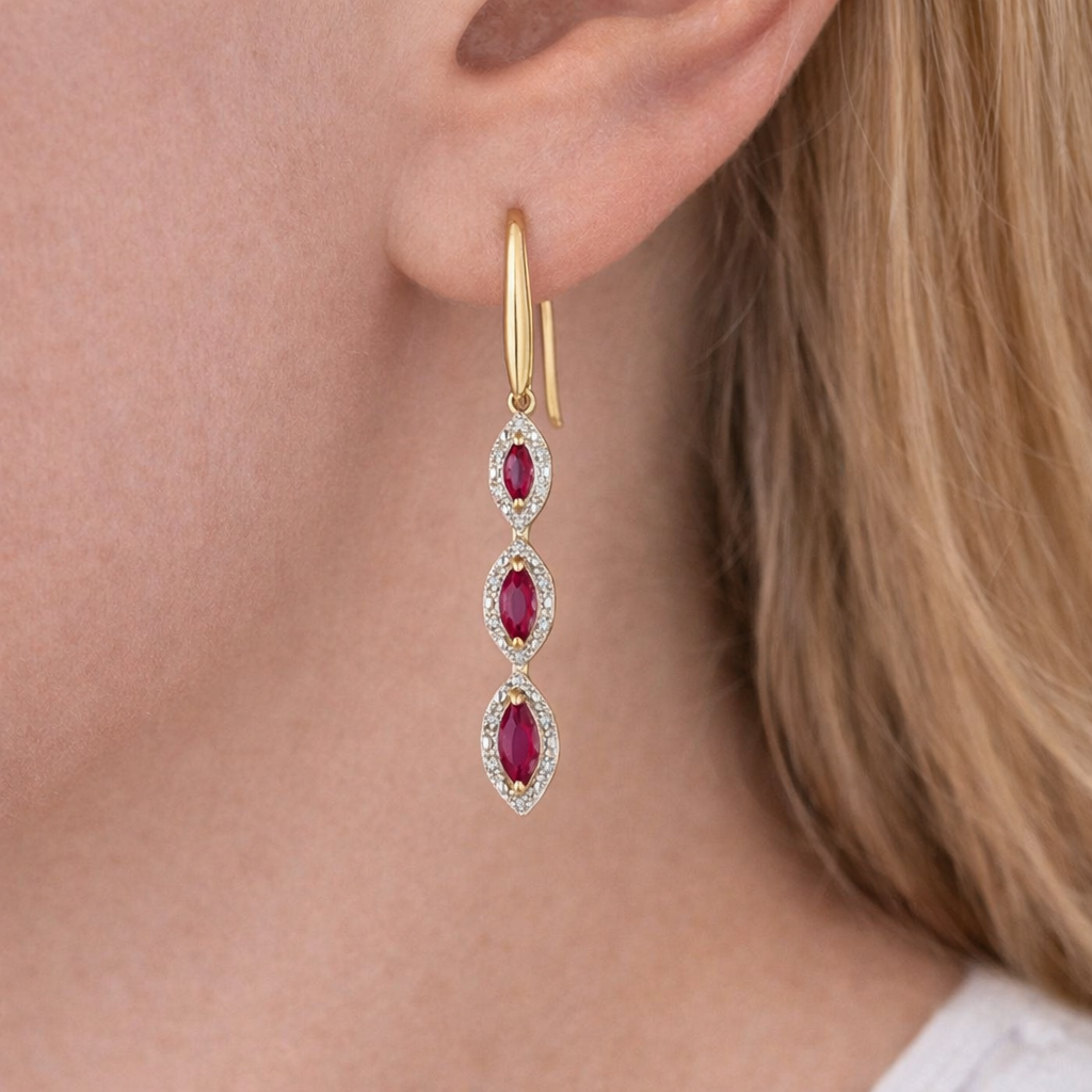 Marquise Double Drop Ruby & Diamond Earrings in 9ct Yellow Gold