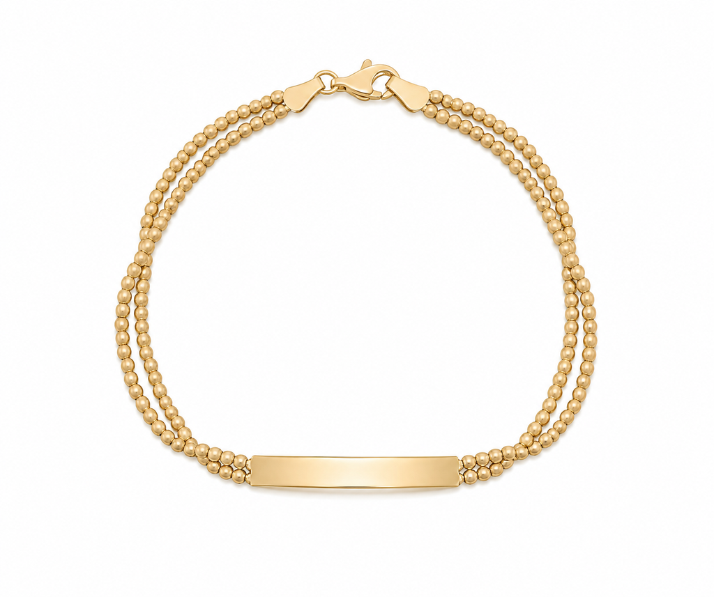 9ct Yellow Gold ID Bar Double Bead Chain Bracelet