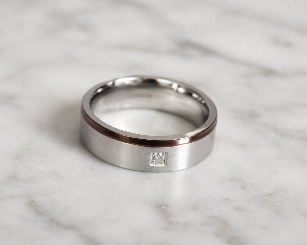 Fred Bennett Cubic Zirconia Stainless Steel Ring with Brown IP Detail
