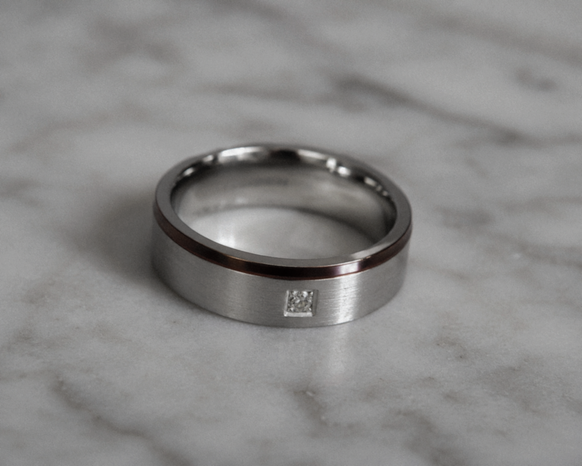 Fred Bennett Cubic Zirconia Stainless Steel Ring with Brown IP Detail