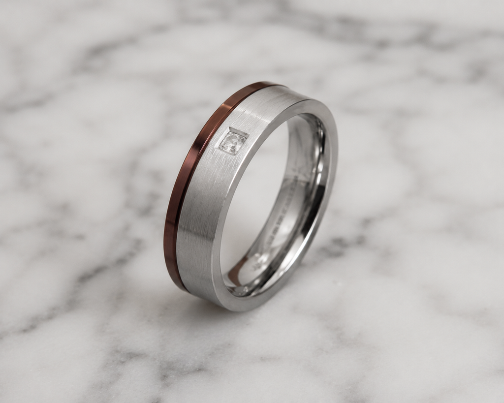 Fred Bennett Cubic Zirconia Stainless Steel Ring with Brown IP Detail