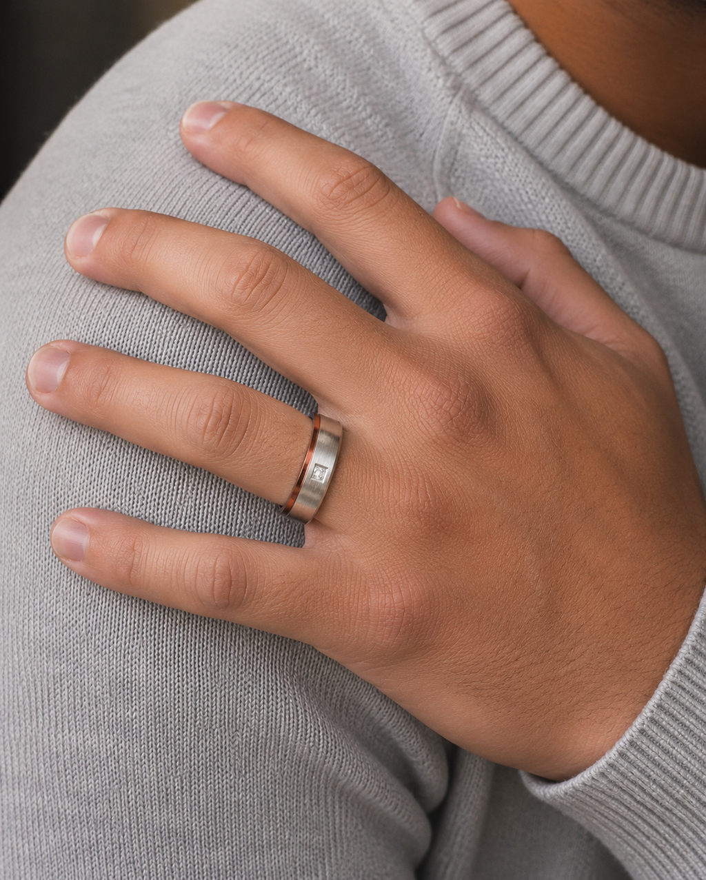 Fred Bennett Cubic Zirconia Stainless Steel Ring with Brown IP Detail