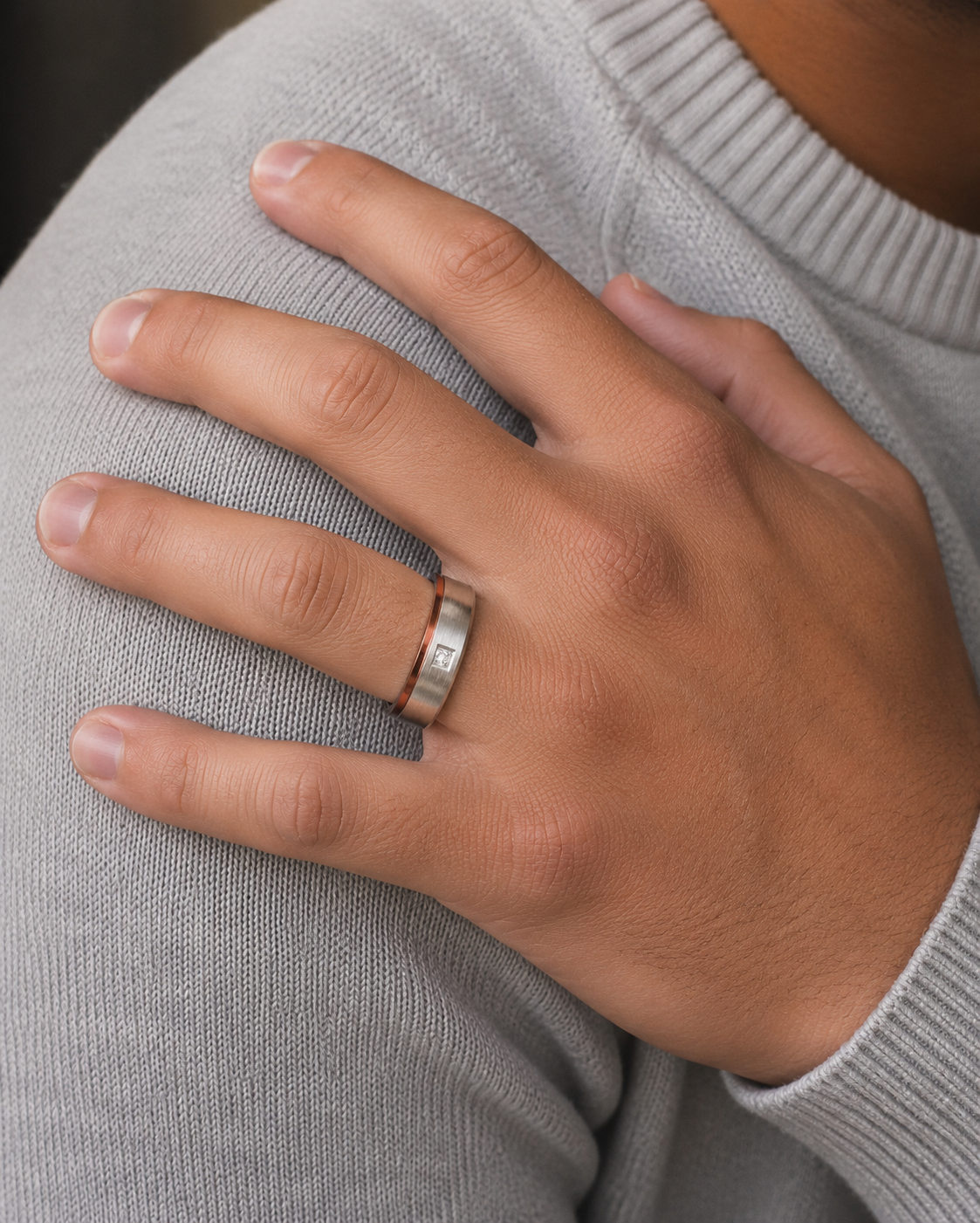Fred Bennett Cubic Zirconia Stainless Steel Ring with Brown IP Detail