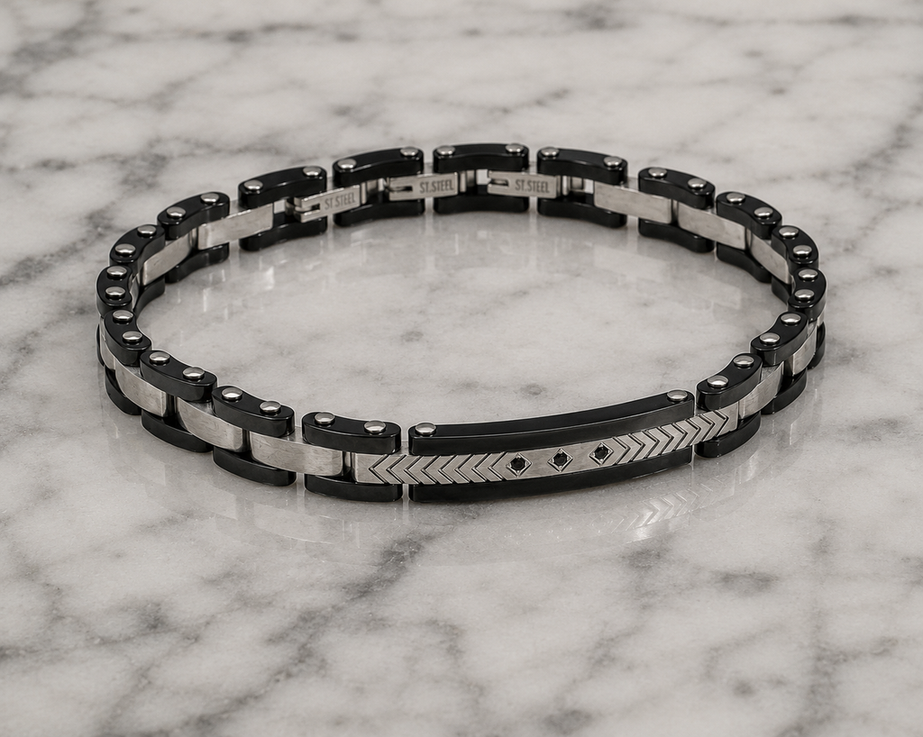 Fred Bennett Stainless Steel & Ceramic Link Bracelet with Black CZ Detail