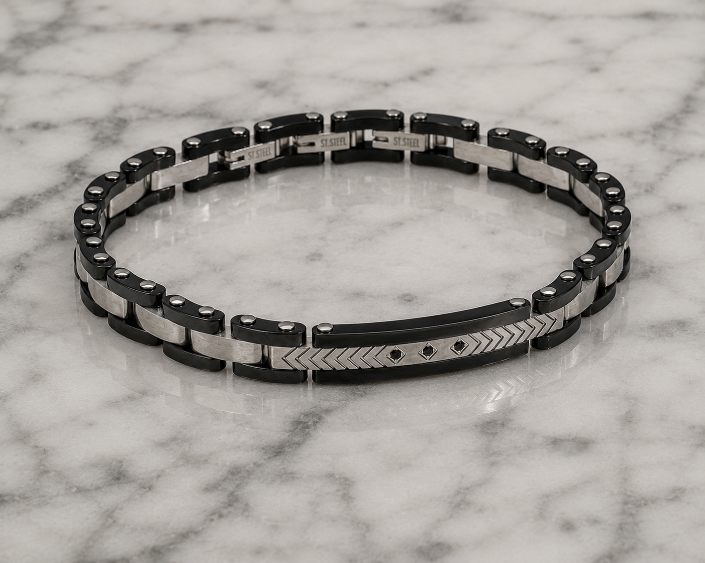 Fred Bennett Stainless Steel & Ceramic Link Bracelet with Black CZ Detail