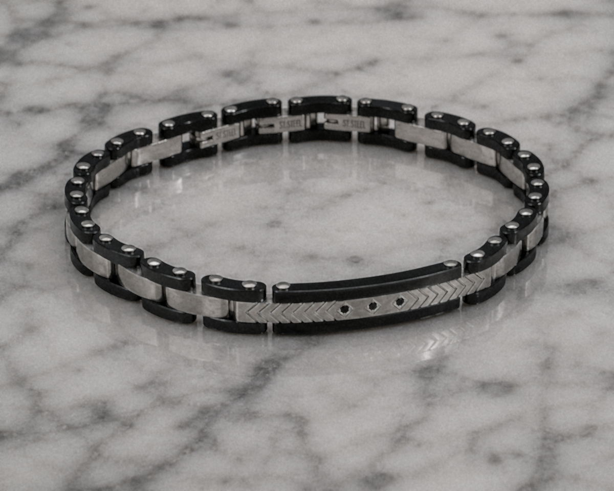 Fred Bennett Stainless Steel & Ceramic Link Bracelet with Black CZ Detail