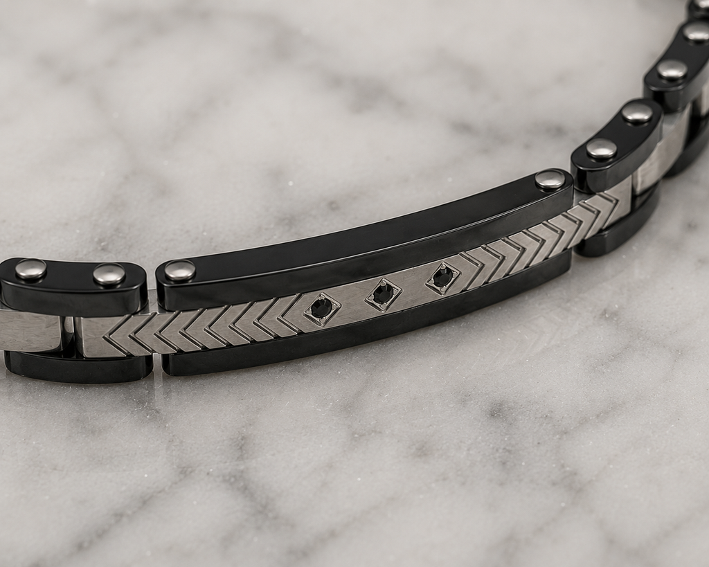 Fred Bennett Stainless Steel & Ceramic Link Bracelet with Black CZ Detail