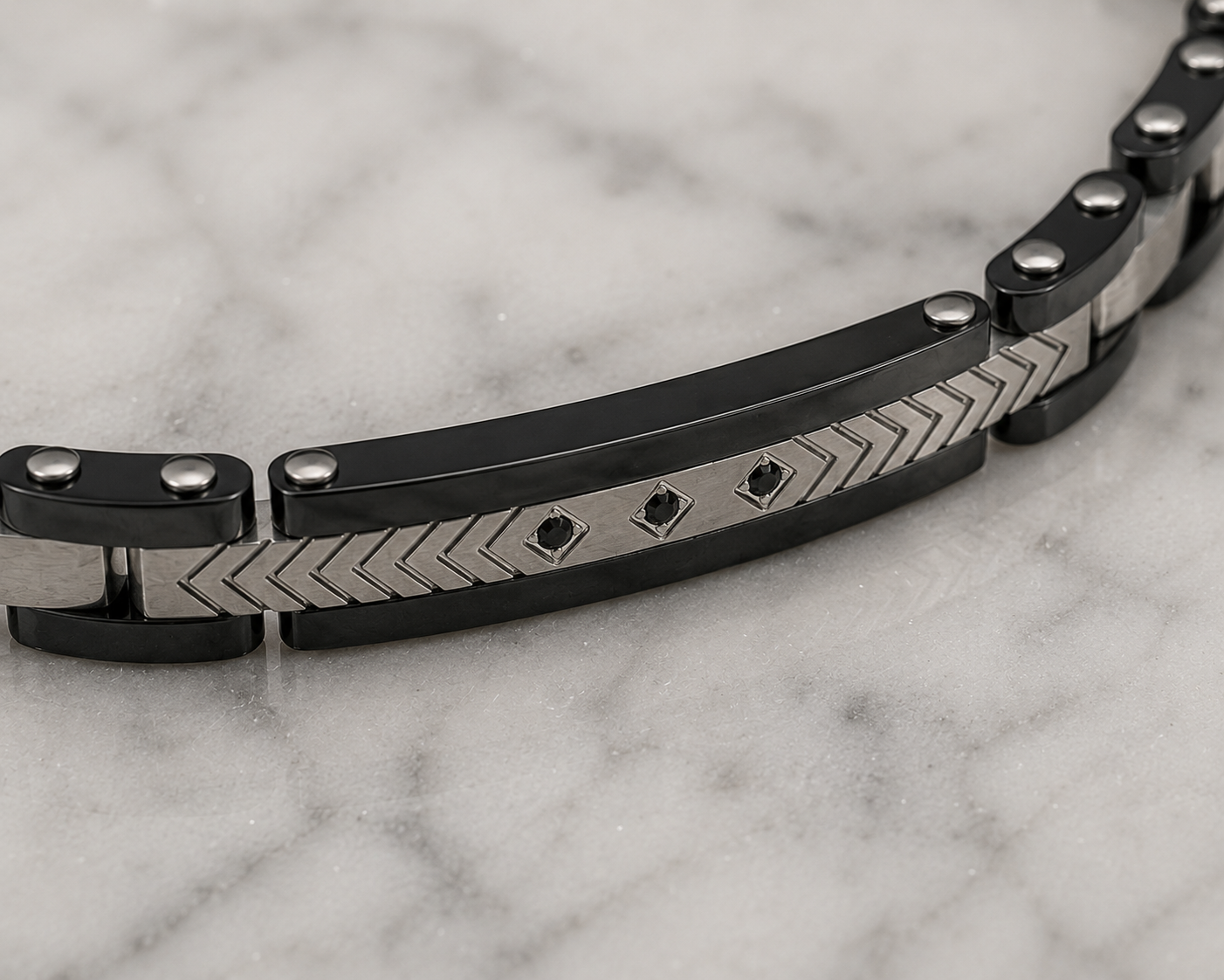 Fred Bennett Stainless Steel & Ceramic Link Bracelet with Black CZ Detail