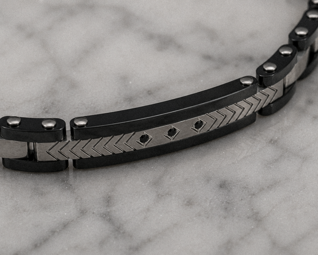 Fred Bennett Stainless Steel & Ceramic Link Bracelet with Black CZ Detail
