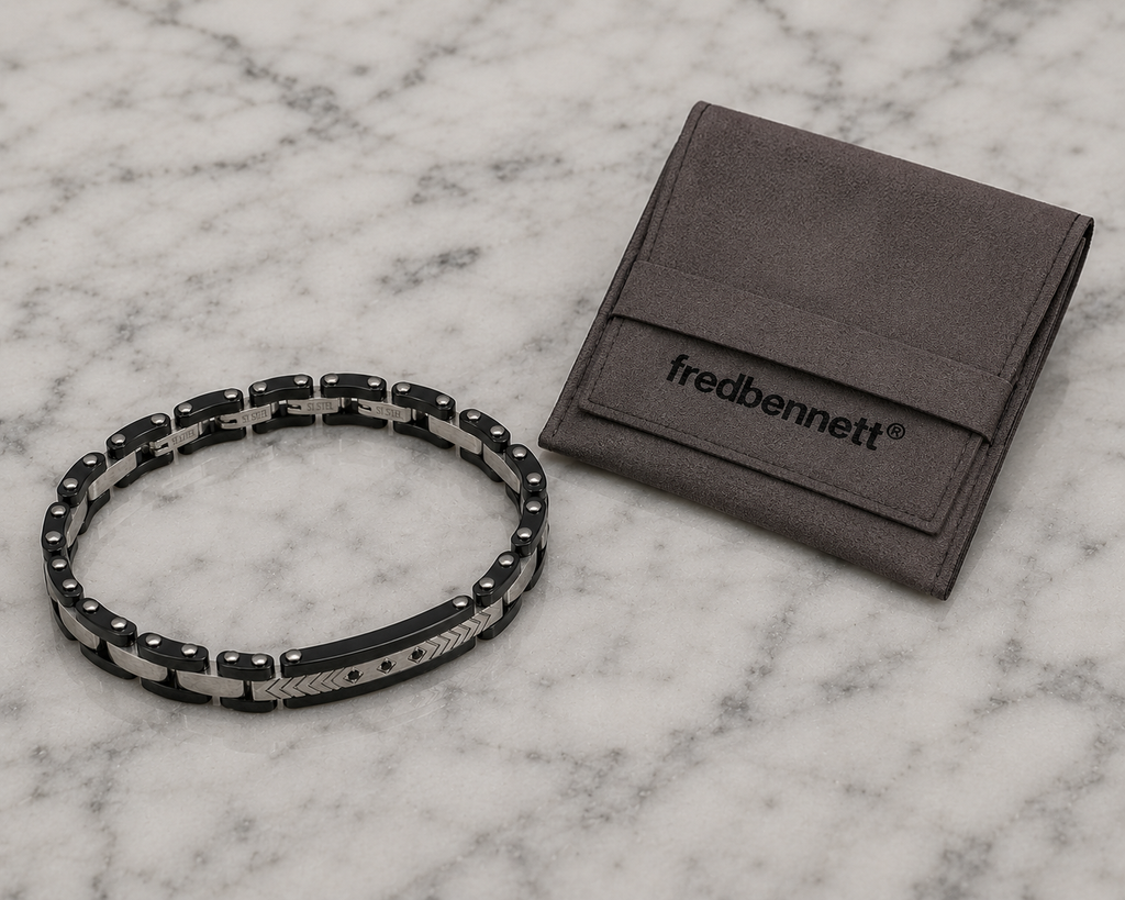 Fred Bennett Stainless Steel & Ceramic Link Bracelet with Black CZ Detail