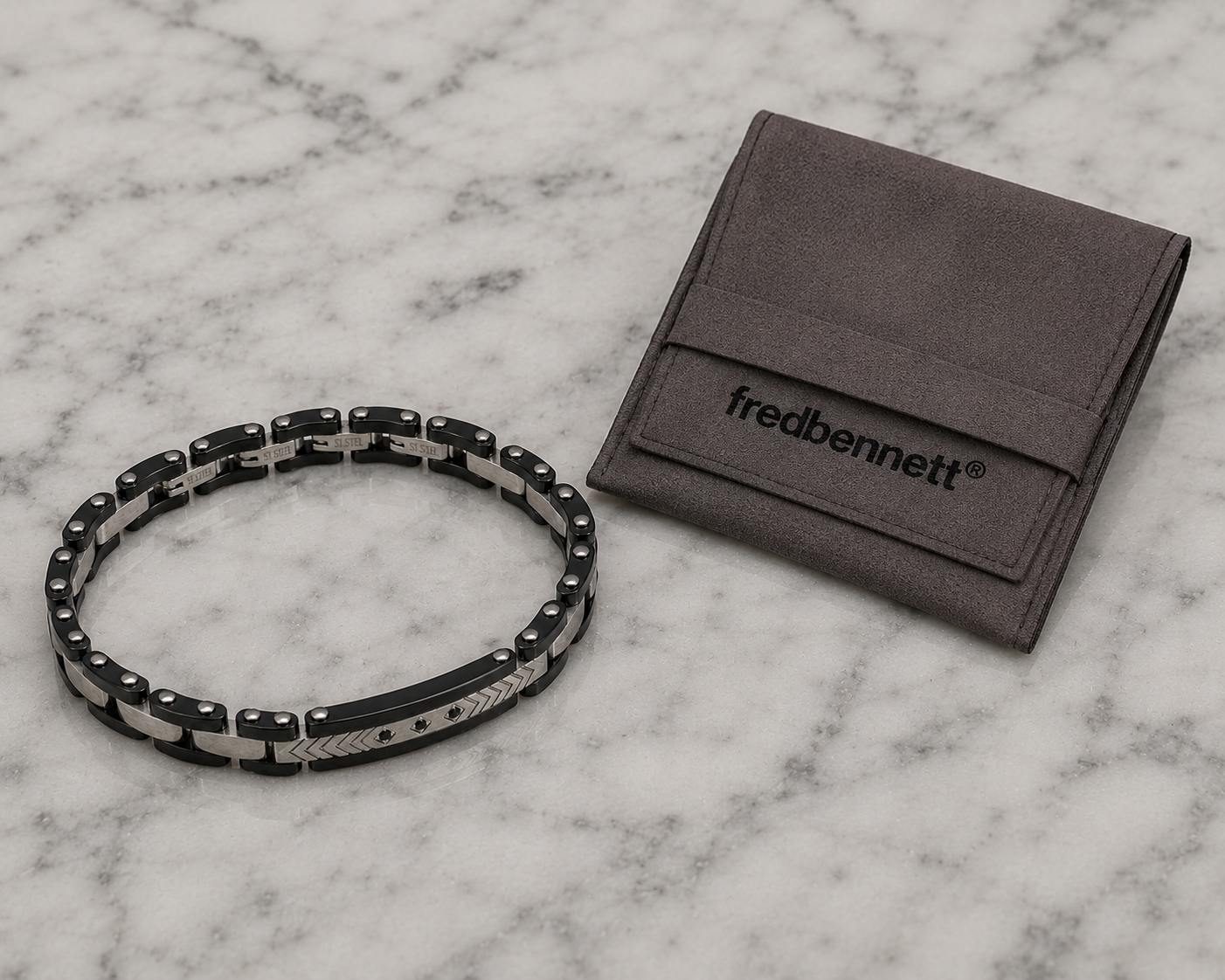 Fred Bennett Stainless Steel & Ceramic Link Bracelet with Black CZ Detail
