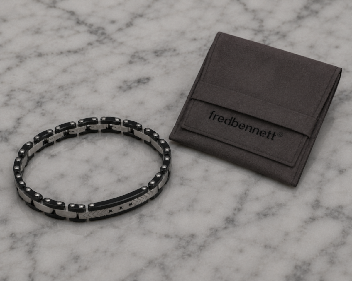 Fred Bennett Stainless Steel & Ceramic Link Bracelet with Black CZ Detail