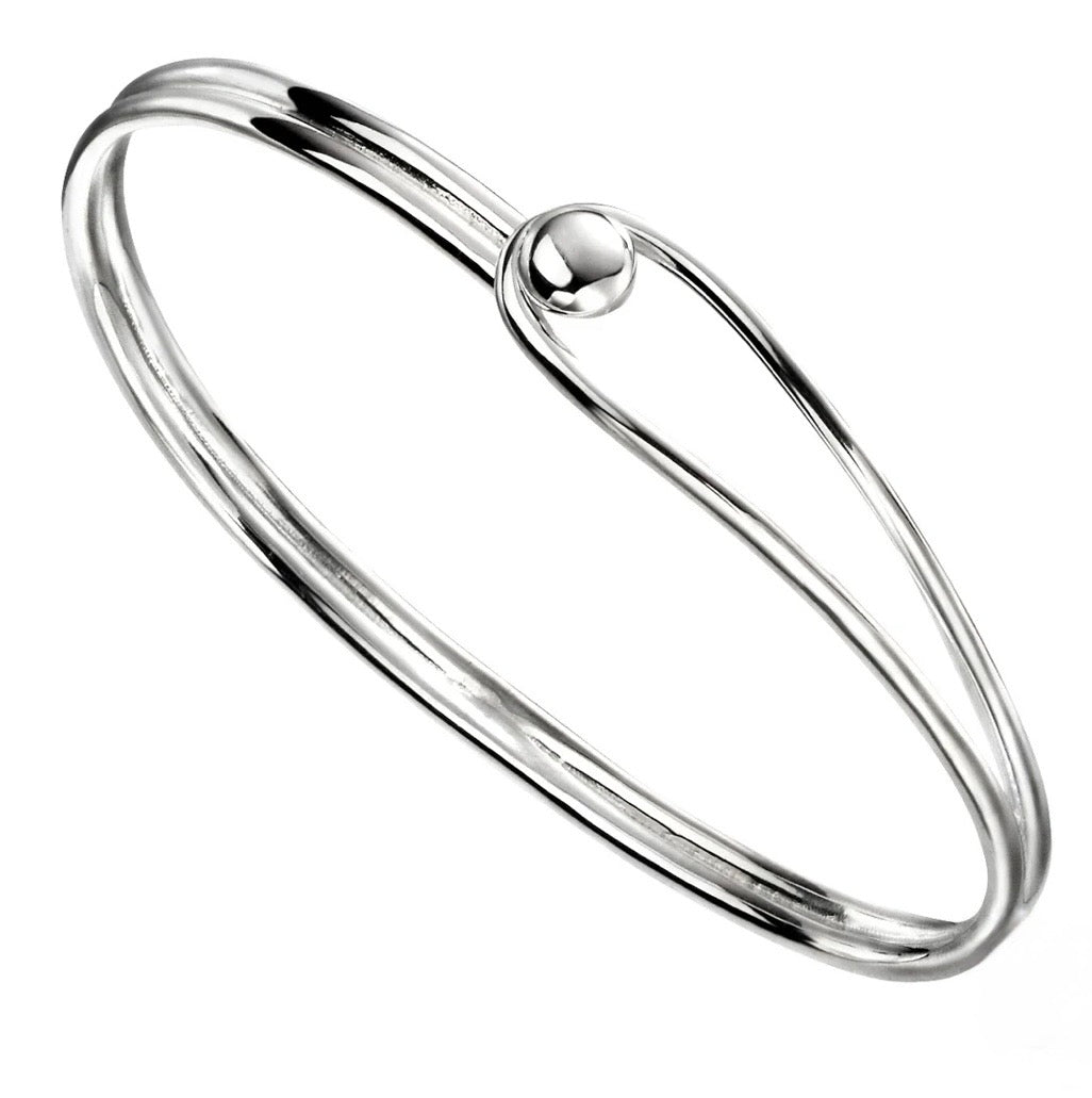 Sterling Silver Oval Bangle with Feature Ball Clasp