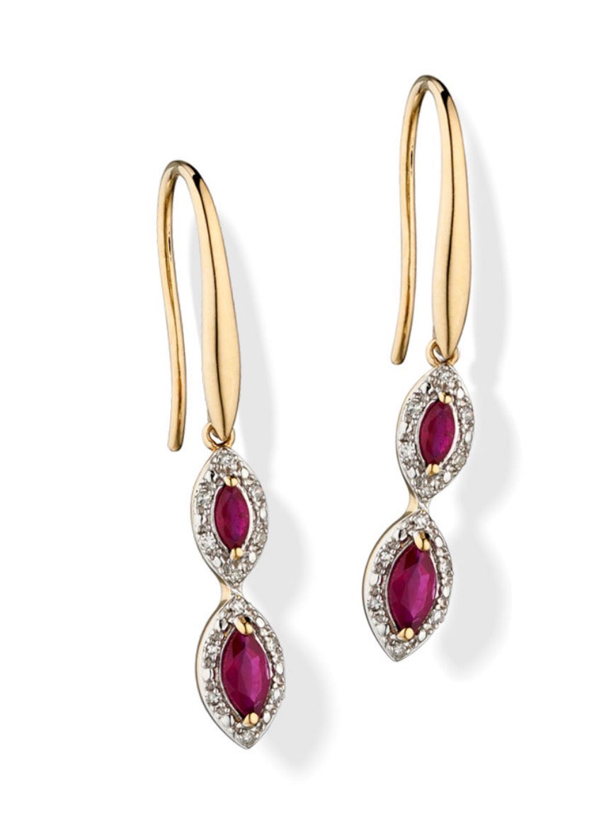 Marquise Double Drop Ruby & Diamond Earrings in 9ct Yellow Gold