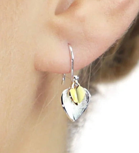 Double Heart Drop Earrings in Sterling Silver with Yellow Gold Plated Heart