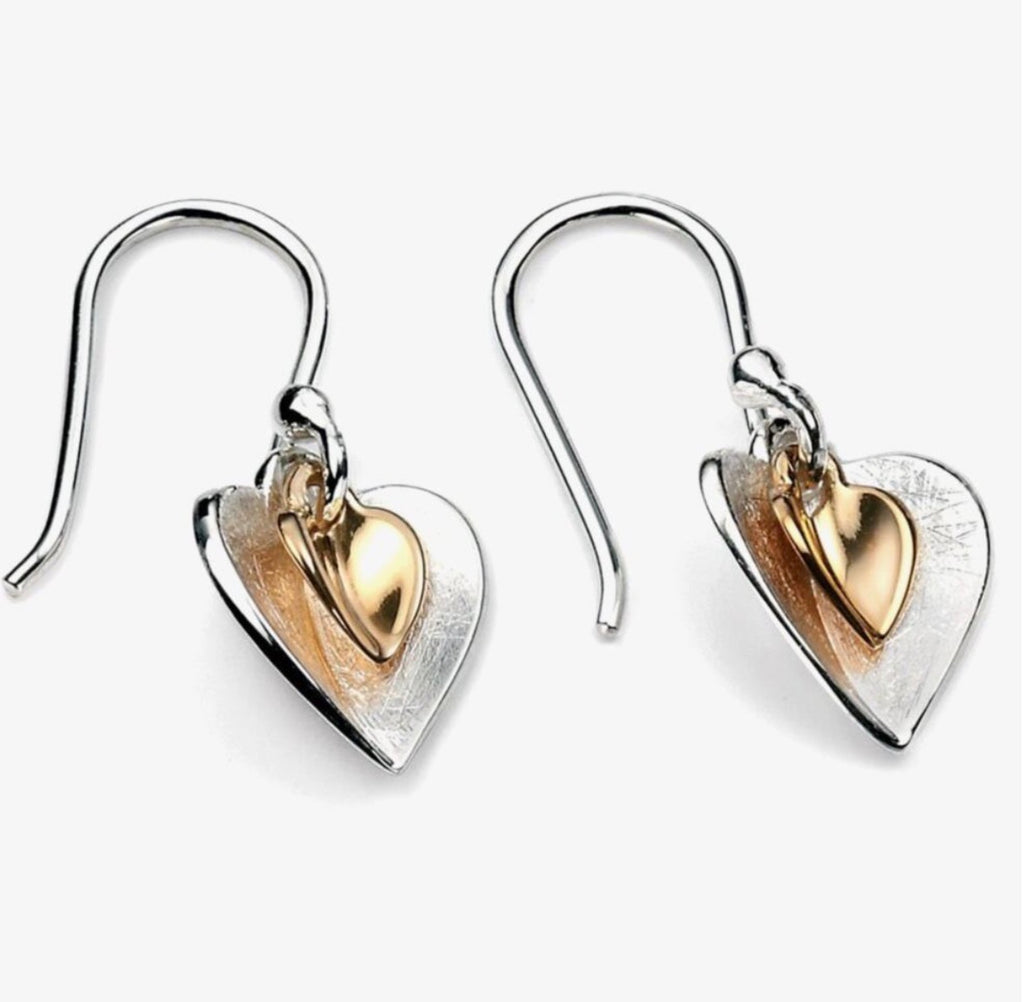 Double Heart Drop Earrings in Sterling Silver with Yellow Gold Plated Heart