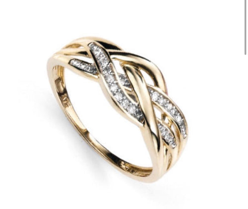 9ct Solid Gold Plaited-Style Diamond Ring – 0.10ct Pavé Design
