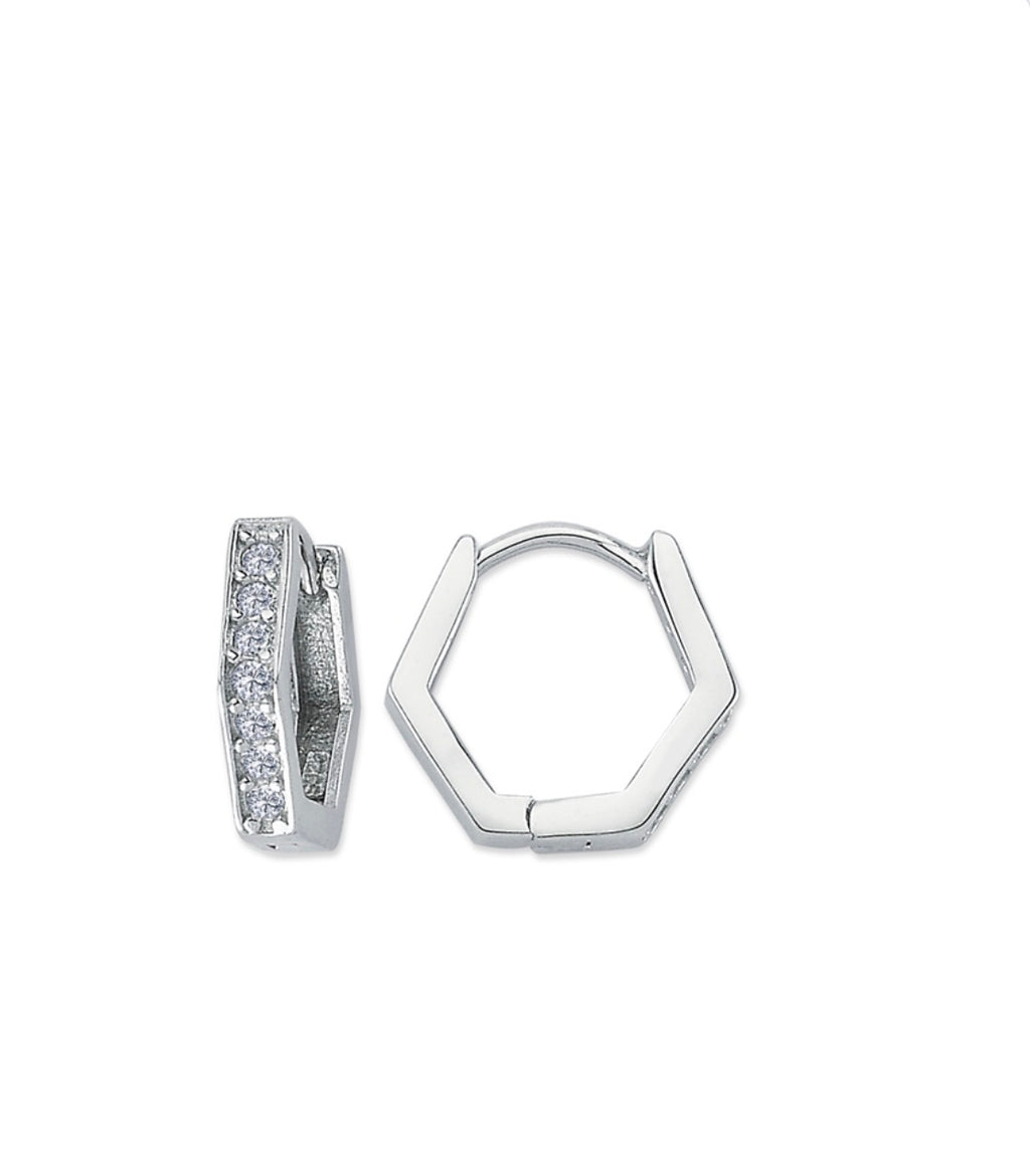 Silver CZ Hexagon Huggie Earrings – Rhodium Plated - PRE ORDER