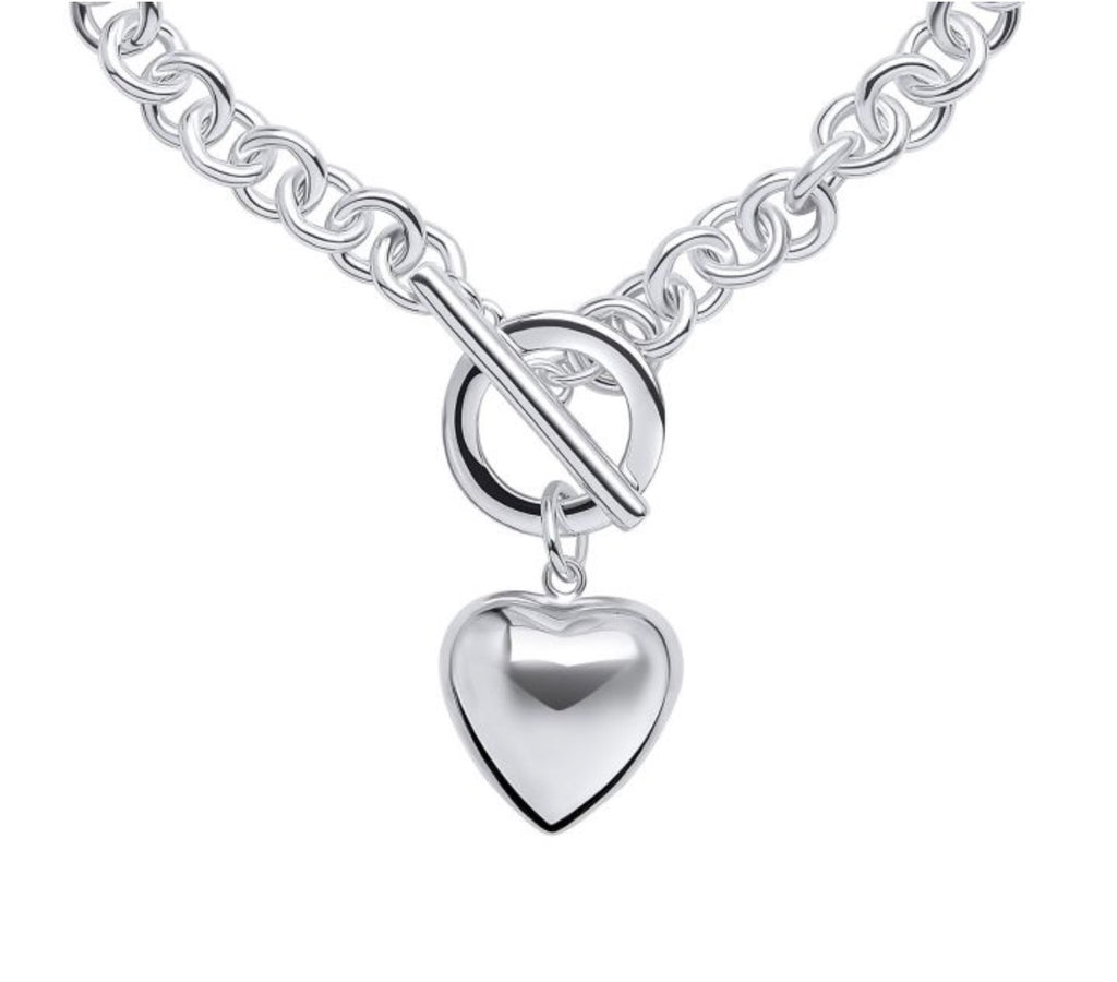 Sterling Silver Puff Heart T-Bar Chain Bracelet - PRE ORDER