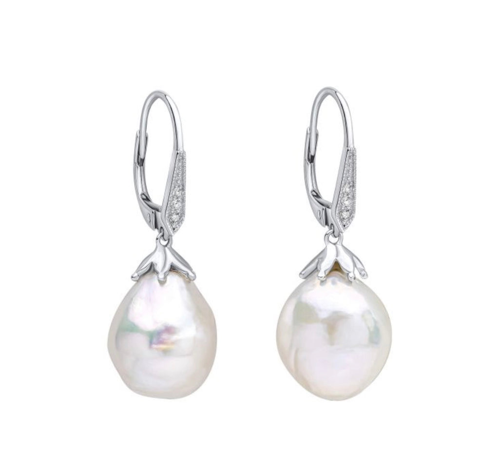 9ct White Gold Baroque Pearl & White Topaz Drop Earrings - PRE ORDER