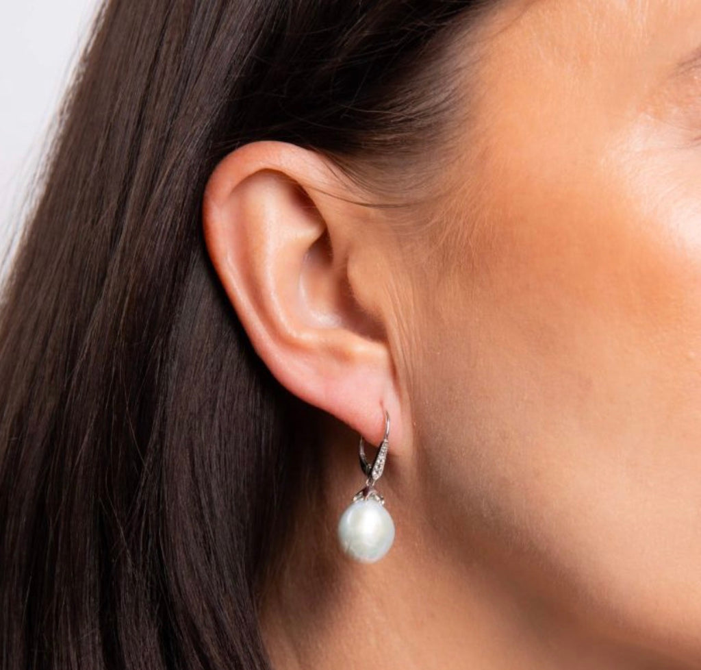 9ct White Gold Baroque Pearl & White Topaz Drop Earrings - PRE ORDER