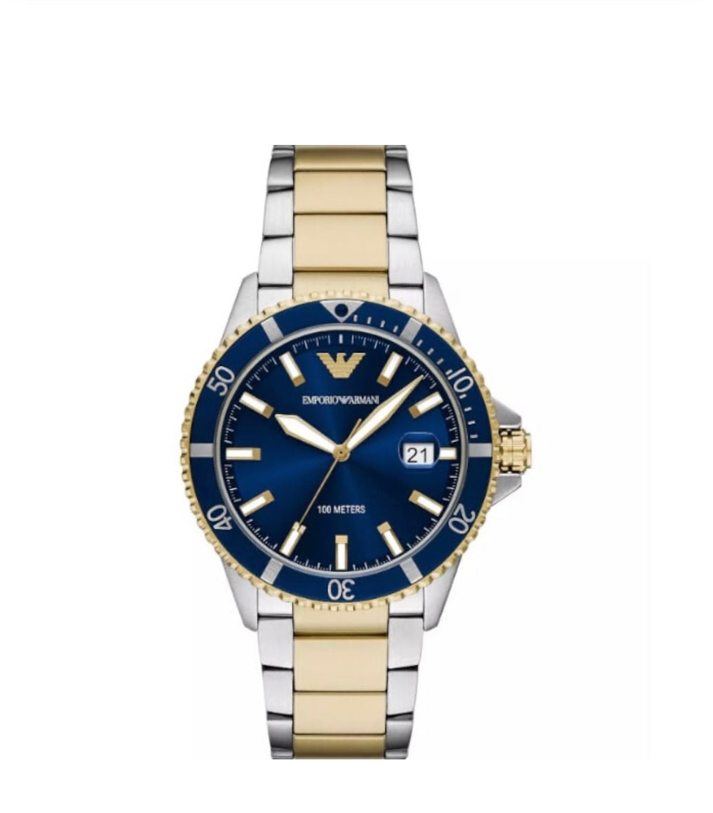 Emporio Armani AR11682 – Men’s Two-Tone Steel & Gold Blue Dial Diver Watch