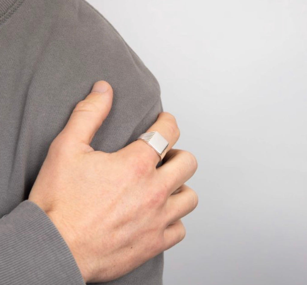 Square Signet Ring with Ridged Sides in Sterling Silver