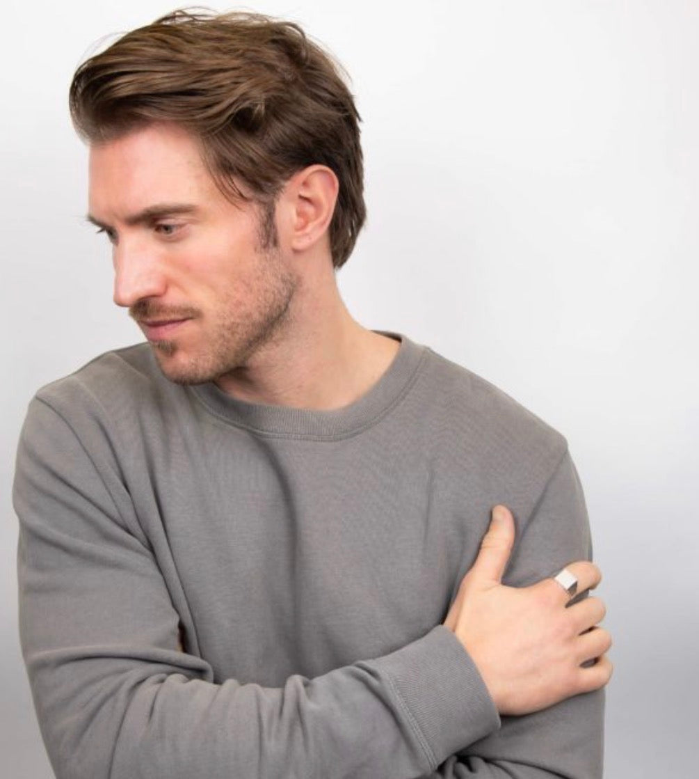 Square Signet Ring with Ridged Sides in Sterling Silver