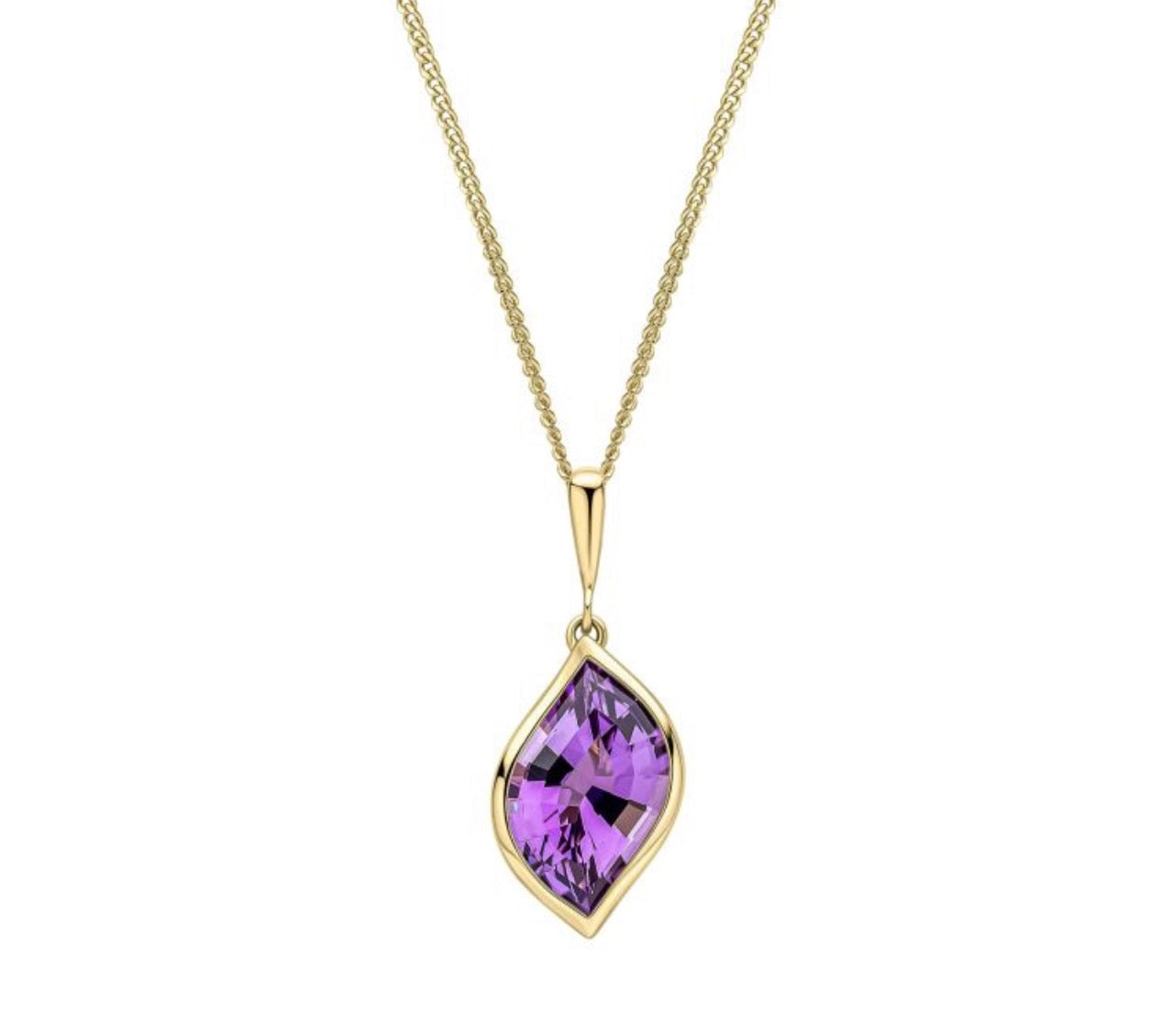 9ct Yellow Gold Flame Cut Amethyst Pendant Necklace