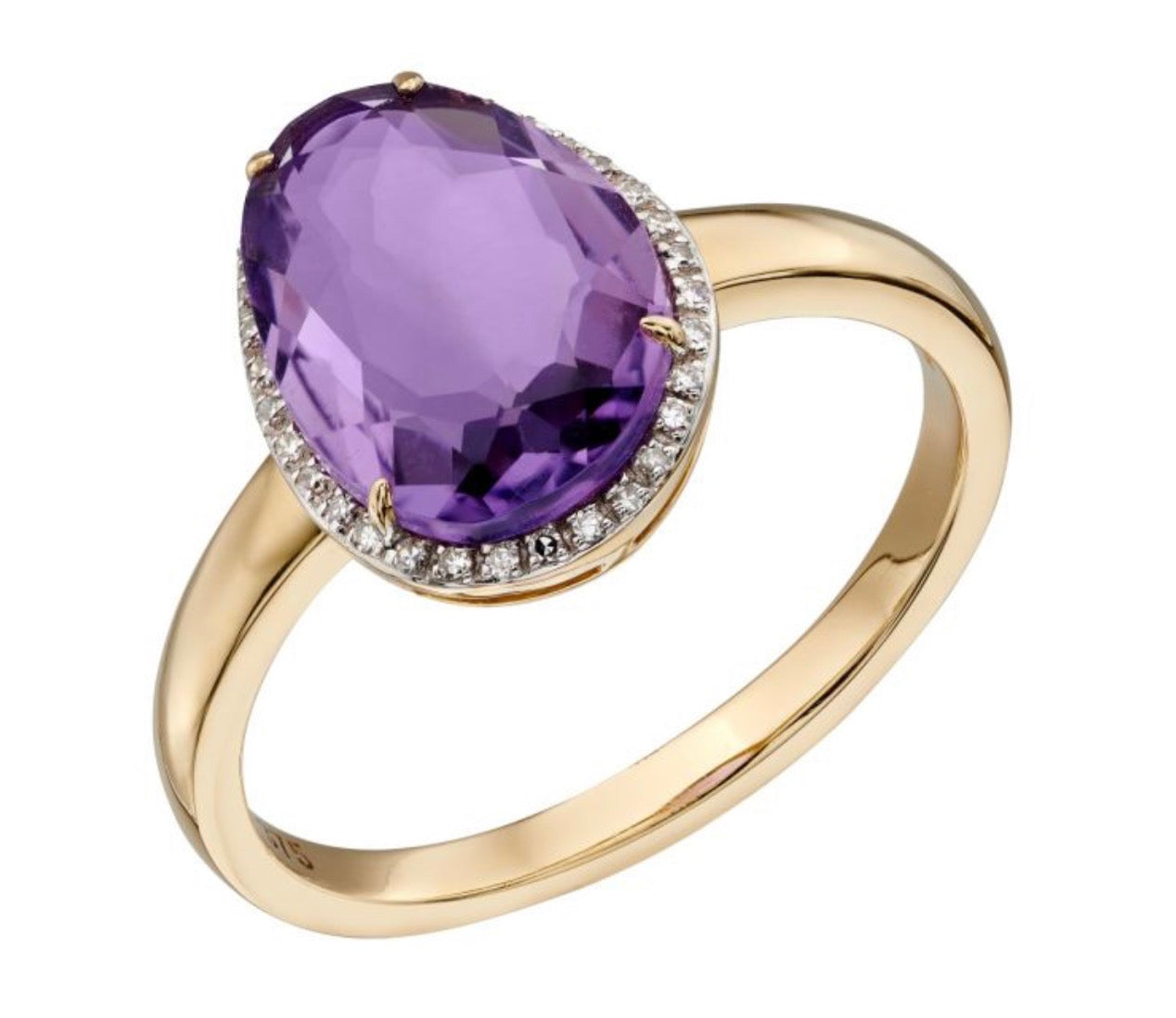 9ct Yellow Gold Irregular Amethyst Ring with Diamond Surround