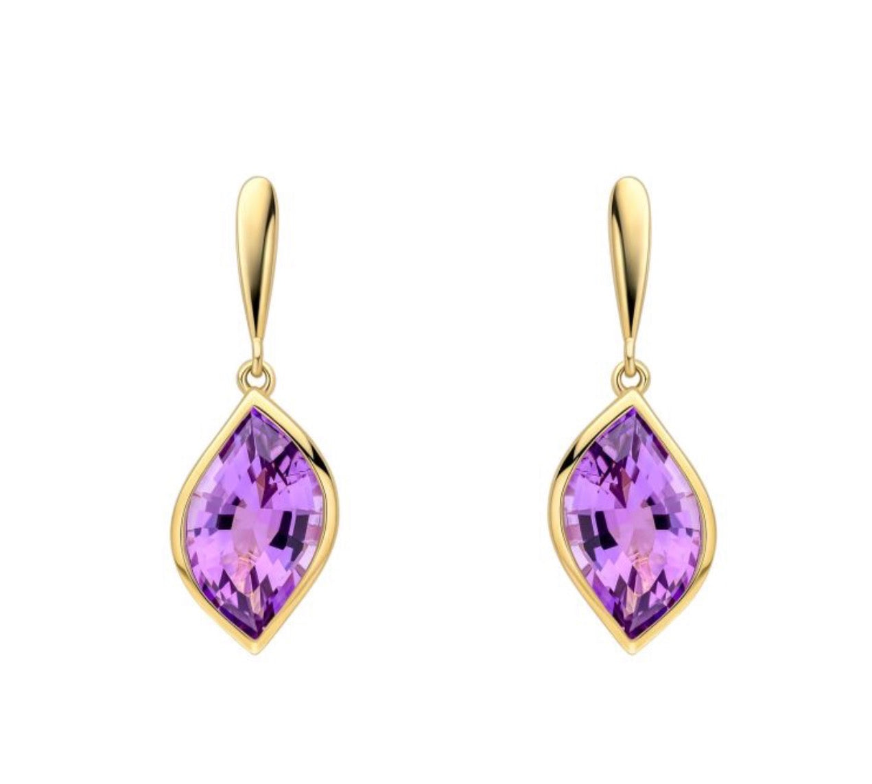 9ct Yellow Gold Flame Cut Amethyst Drop Earrings
