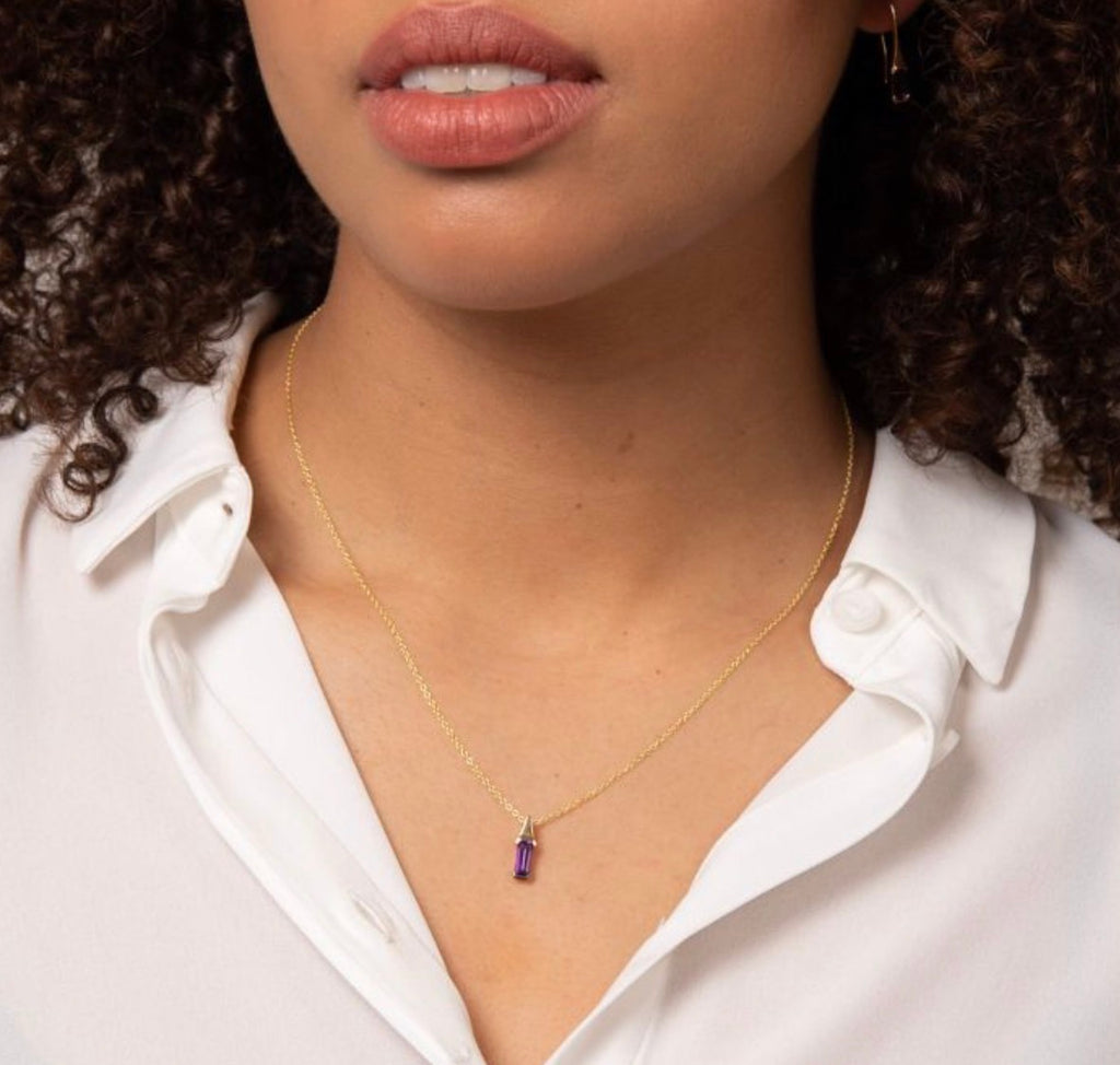 9ct Yellow Gold Elongated Amethyst Pendant Necklace