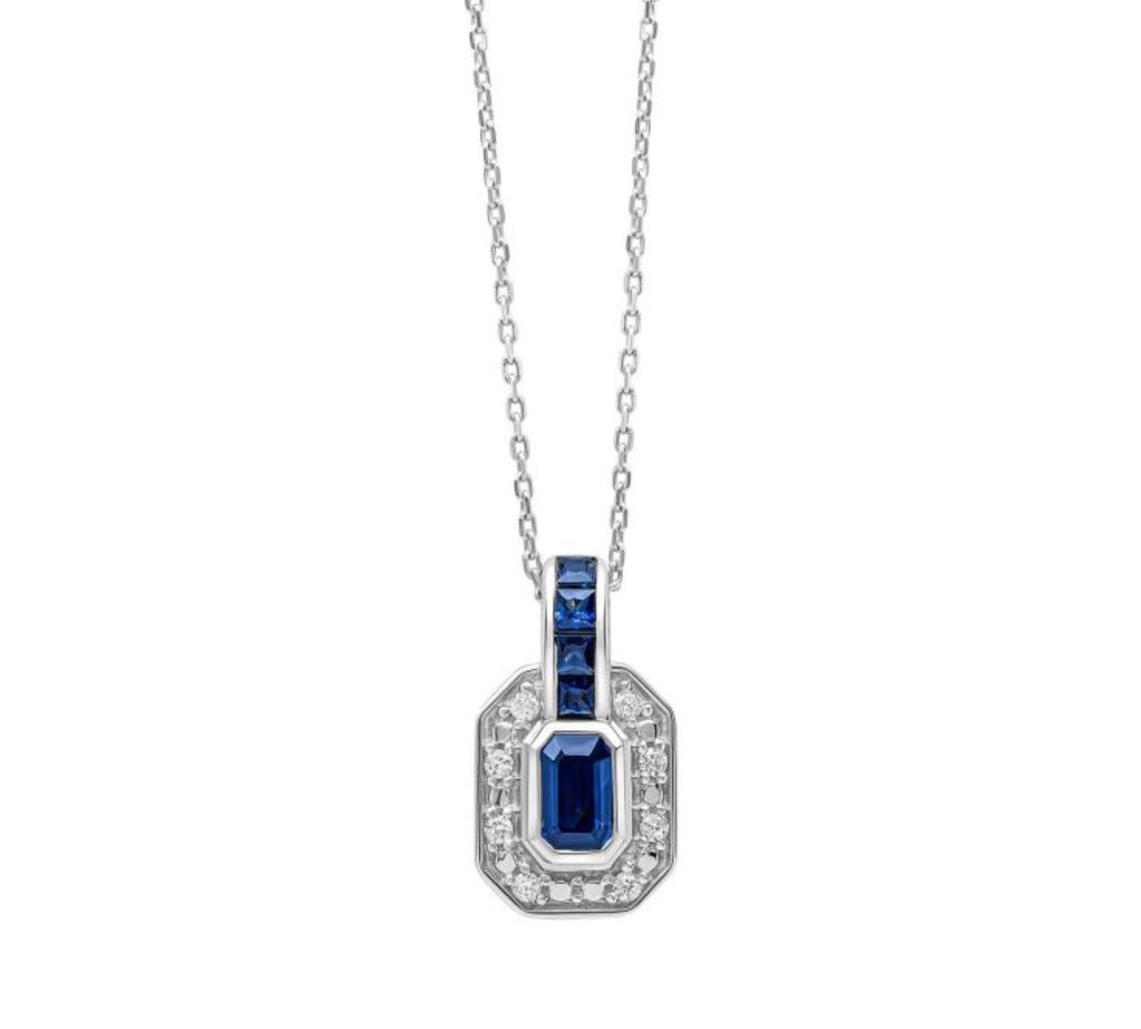9ct White Gold Sapphire & Diamond Channel Necklace