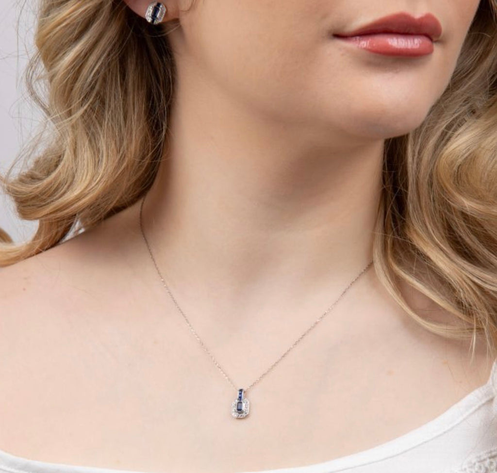 9ct White Gold Sapphire & Diamond Channel Necklace