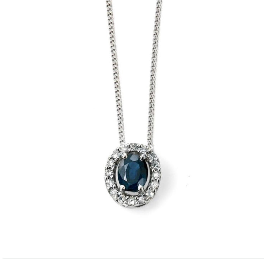 Blue Sapphire & Diamond Cluster Pendant in 9ct White Gold