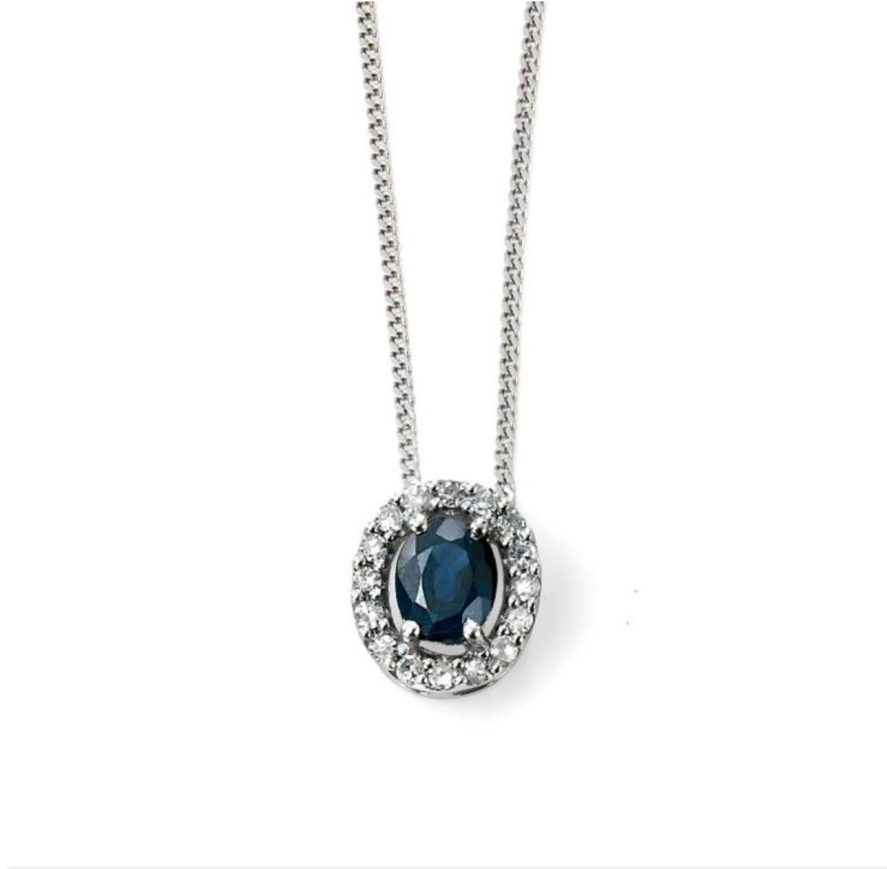 Blue Sapphire & Diamond Cluster Pendant in 9ct White Gold