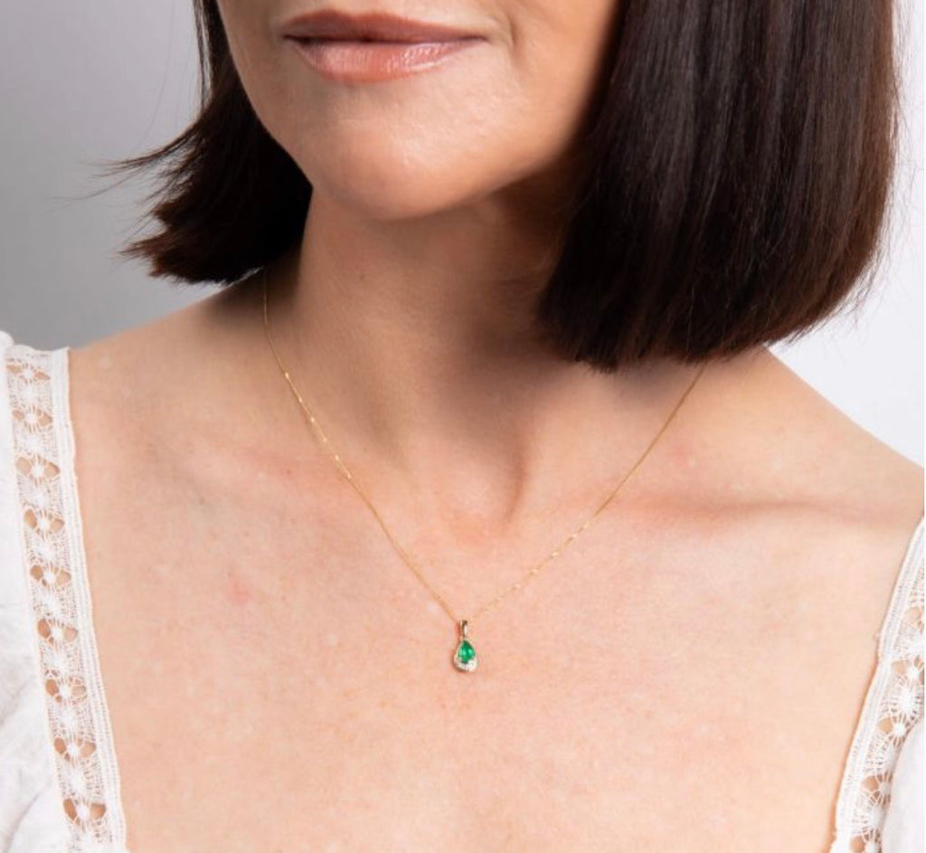 Teardrop Emerald & Diamond Pendant Necklace in 9ct Gold