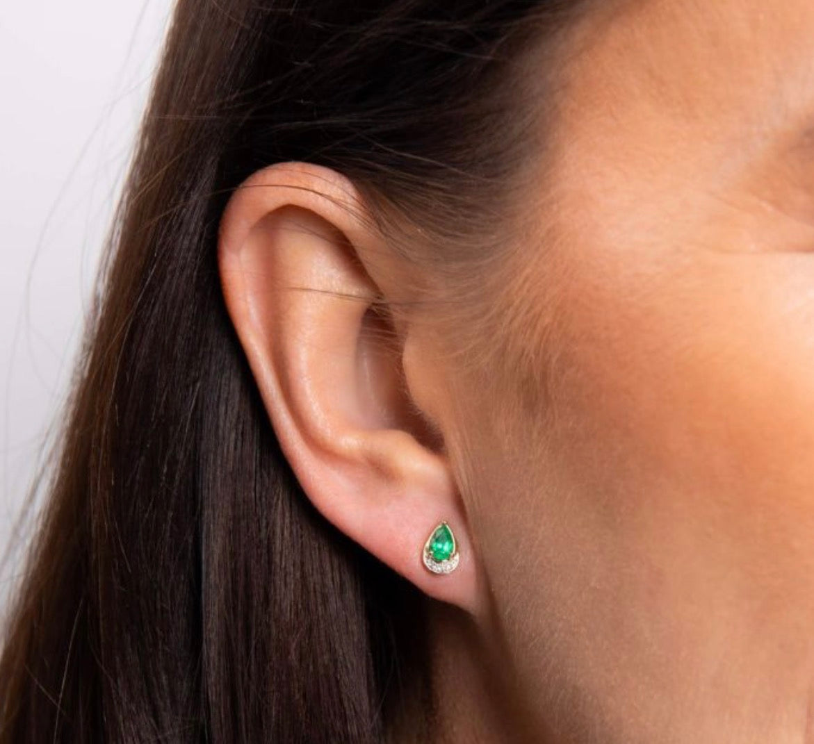 Teardrop Emerald & Diamond Stud Earrings in 9ct Yellow Gold