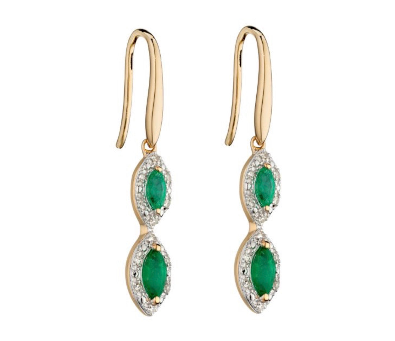 Marquise Double Drop Emerald & Diamond Earrings in 9ct Yellow Gold
