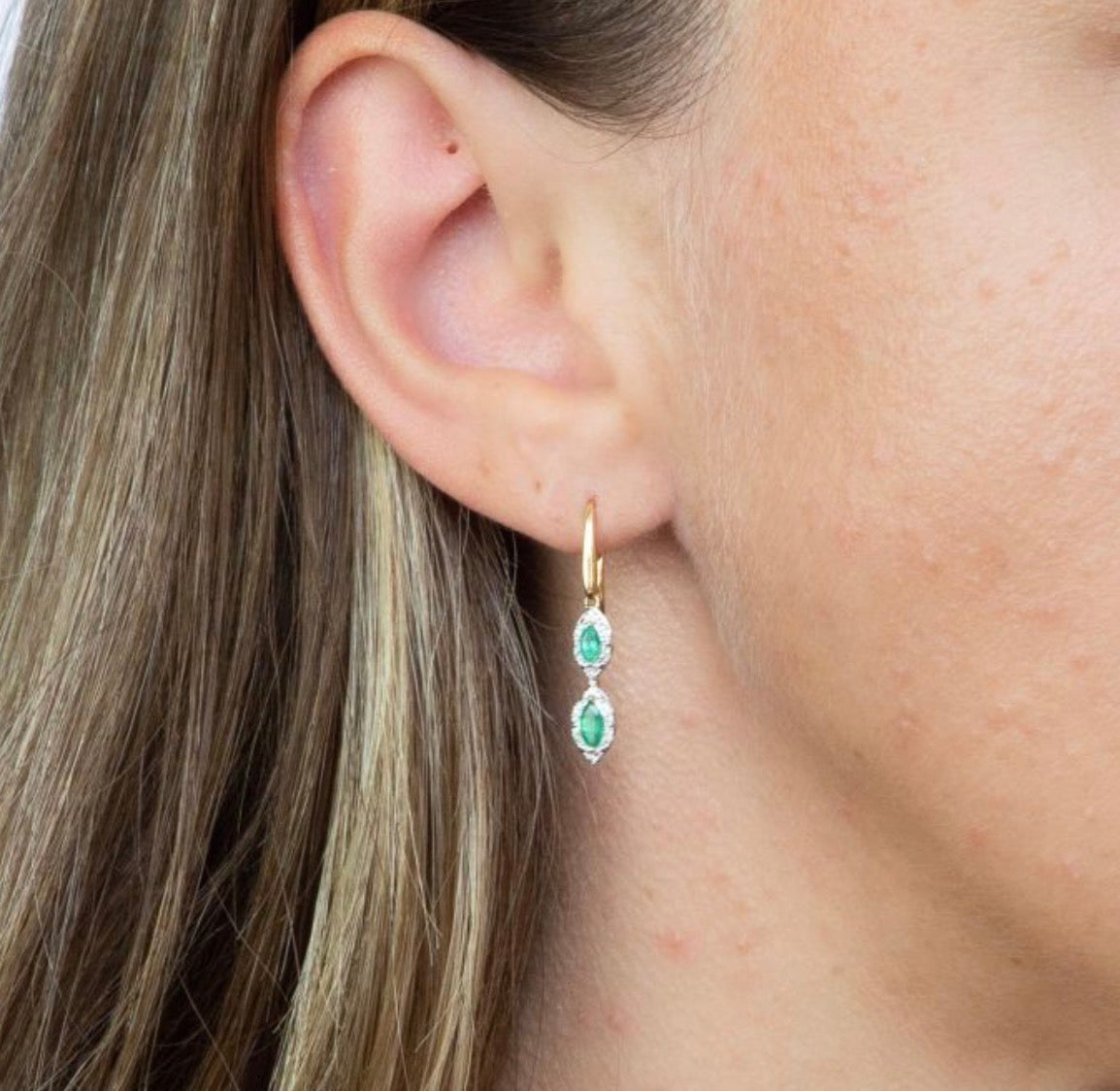 Marquise Double Drop Emerald & Diamond Earrings in 9ct Yellow Gold
