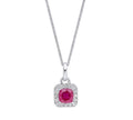 Cushion Cut Ruby & Diamond Halo Pendant Necklace in 9ct White Gold