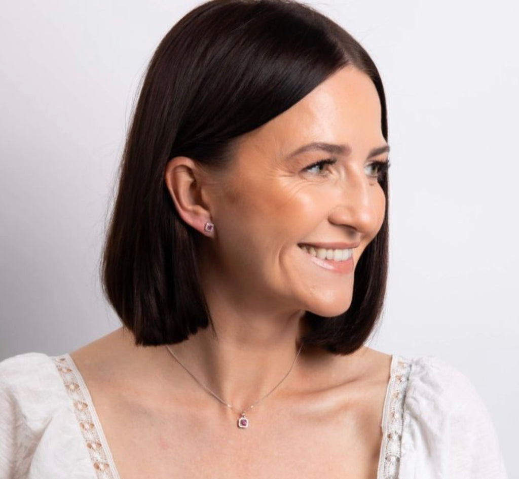 Cushion Cut Ruby & Diamond Halo Pendant Necklace in 9ct White Gold