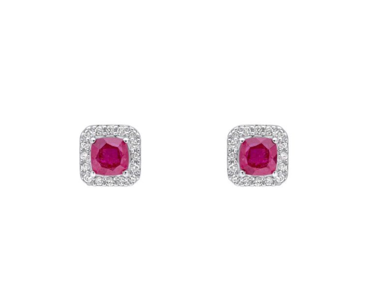Cushion Cut Ruby & Diamond Halo Stud Earrings in 9ct White Gold