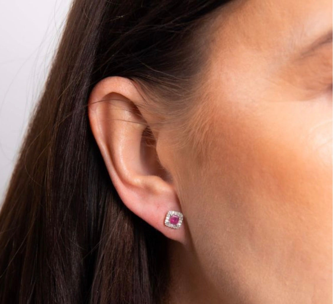 Cushion Cut Ruby & Diamond Halo Stud Earrings in 9ct White Gold