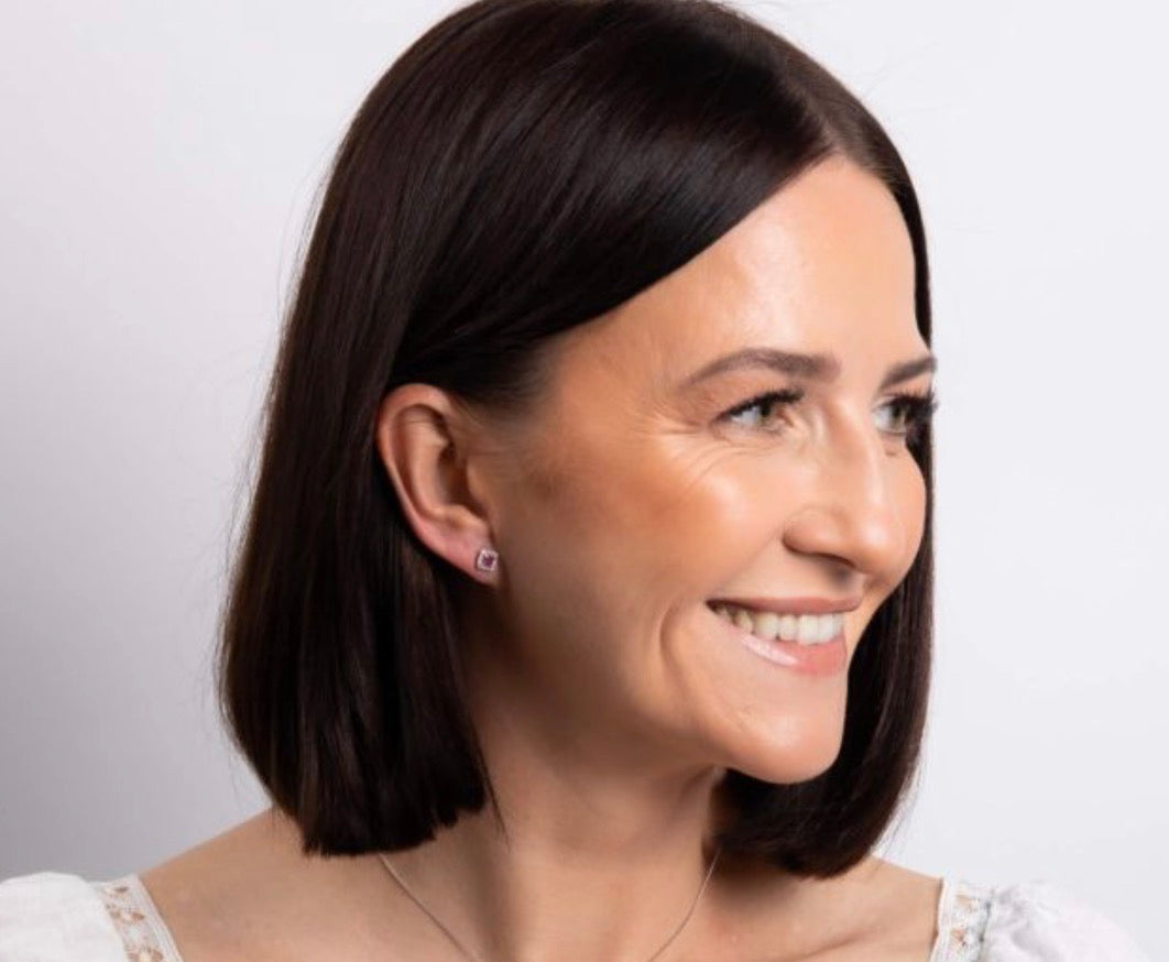 Cushion Cut Ruby & Diamond Halo Stud Earrings in 9ct White Gold