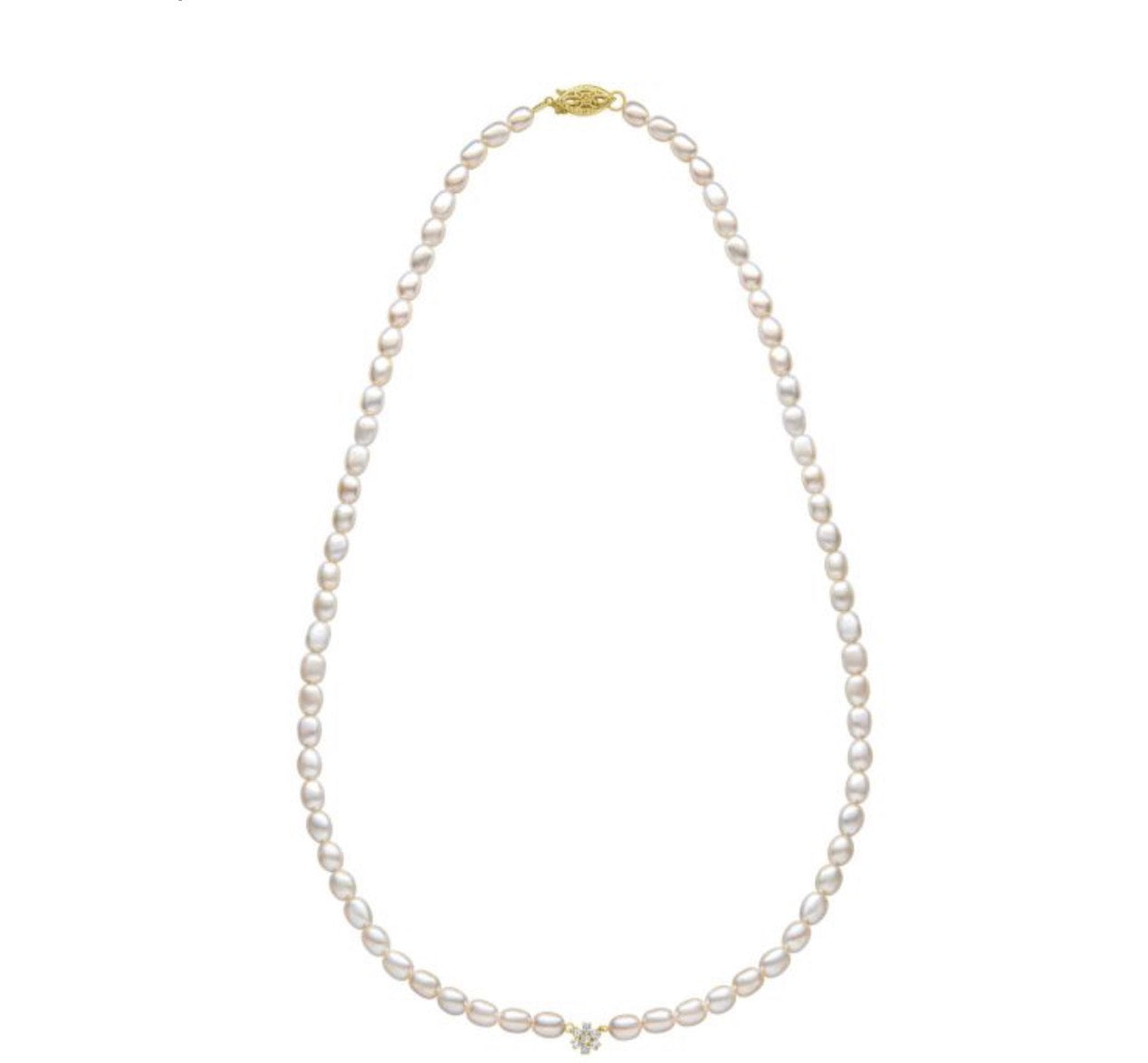 9ct Yellow Gold Freshwater Pearl & Diamond Flower Necklace