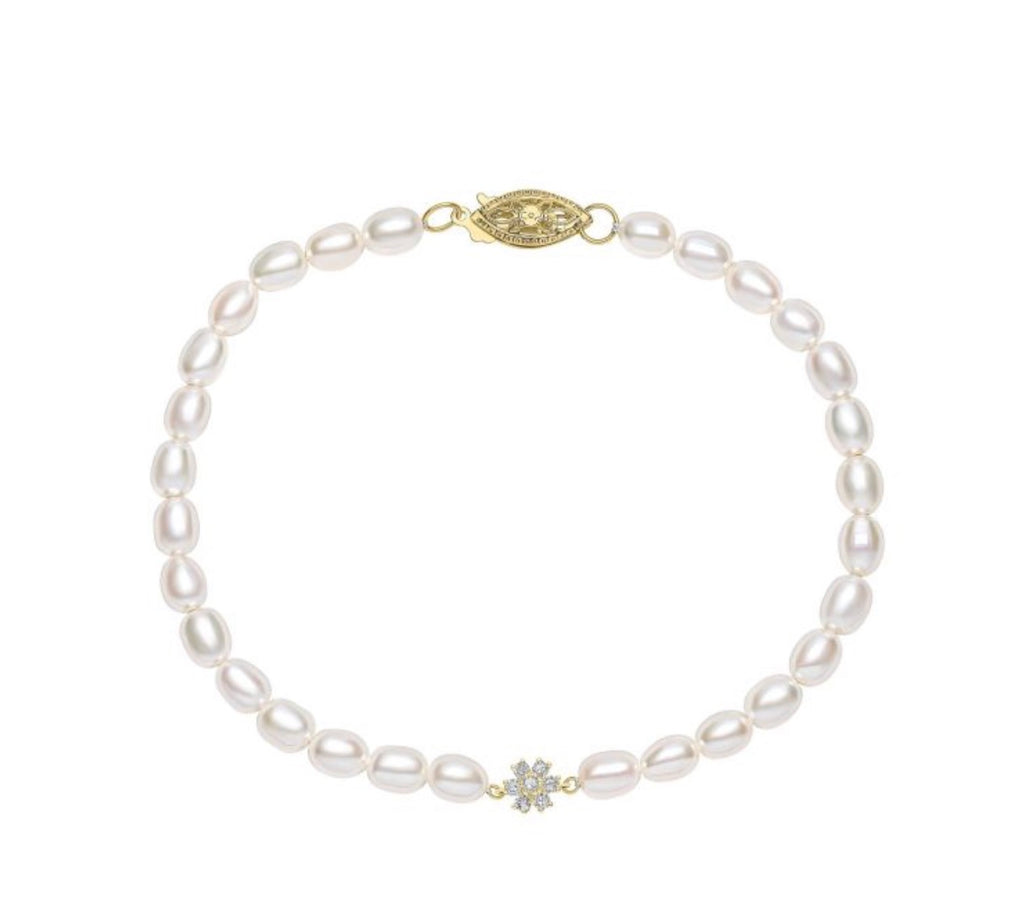 Seed Pearl & Diamond Flower Bracelet in 9ct Yellow Gold