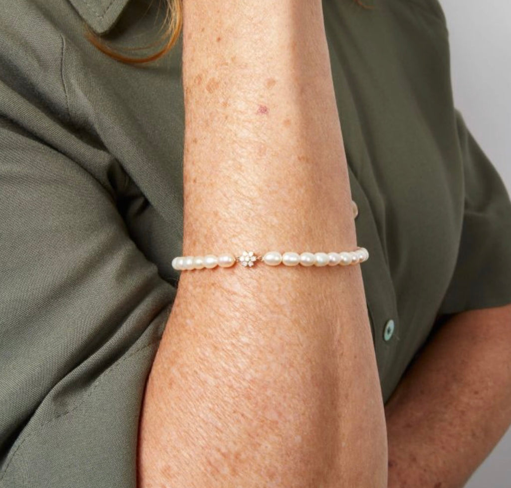 Seed Pearl & Diamond Flower Bracelet in 9ct Yellow Gold