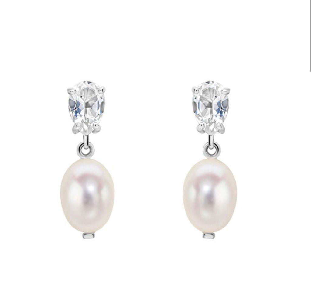 Baroque Pearl & White Topaz Drop Earrings in 9ct White Gold