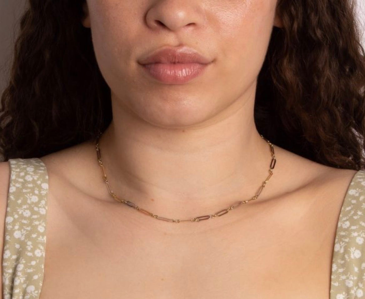 Elongated Link Chain Necklace in 9ct Yellow & White Gold